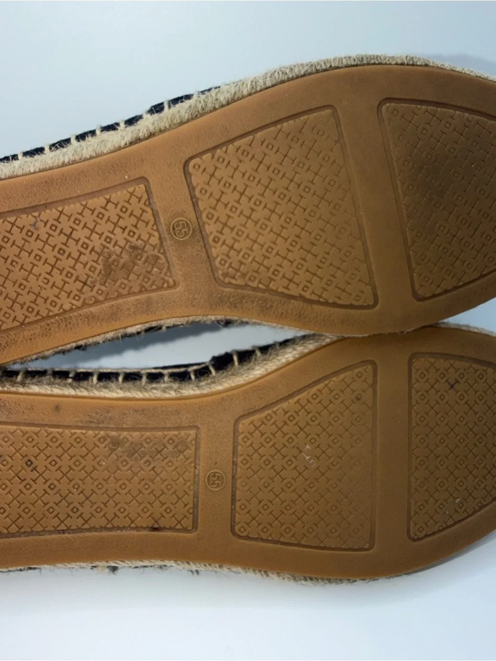 Tony Burch Navy Canvas Espadrilles with Tan & Cream Logo